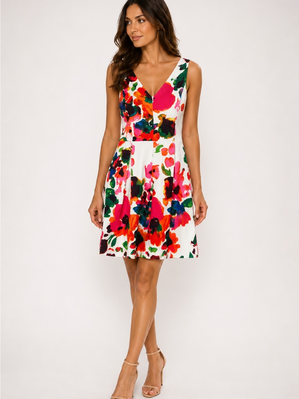 Eliza J White V-Neck Floral Fit & Flare Mini Dress